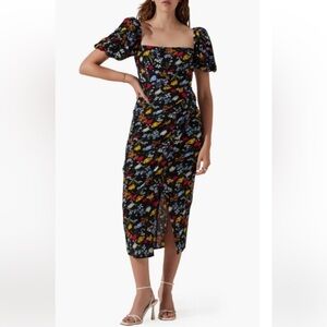 ASTR The Label Puff Sleeve Front Slit Midi Dress | Black Floral | Extra Small